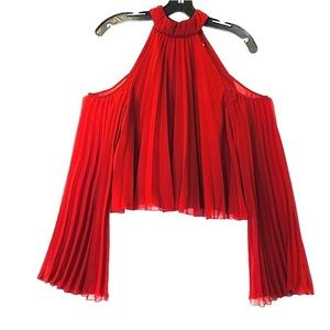 Express Cold Should Red Pleated Halter Crop Top
